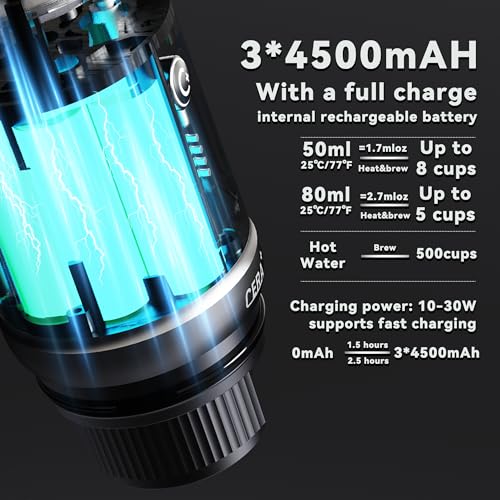 CERA+ Epresso Self-Heating Portable Coffee Machine, Up to 8 Cups for Charging & 20Bar, 3 x 4500 mAh, CERApresso Compatible with NS Ground Coffee, Electric Coffee Machine, Camping Office, Car