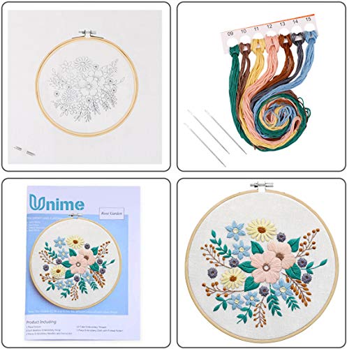 Full Range of Embroidery Starter Kit with Pattern,UNIME Cross Stitch Kit Including Embroidery Cloth with Plant Pattern, Bamboo Embroidery Hoop, Color Threads and Tools Kit (Flowers)