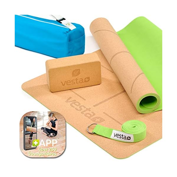 Vesta+ Yogamatte Kork Naturkautschuk Yogablock + Yogagurt + Yogatasche