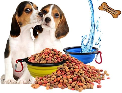 Collapsible Silicone Bowls For Dogs By Donidin. Portable, Foldable and Expandable Pet, Cat, Dog Food and Water Dishes. Packable Travel Dog Feeding Bowls With Carabiners. Set Of 2, Blue And Yellow.