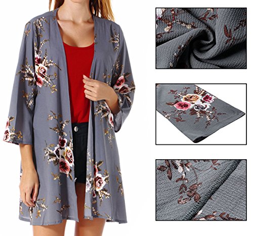 PopStore Women's Floral Print Sheer Kimono Cardigan Capes Chiffon 3/4 Sleeve Patchwork Casual Cover up Blouse Tops