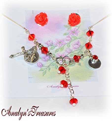 Little Girl Bracelet, Communion Bracelet, Rose Earrings Set, Flower Girl Bracelet, Rosary Bracelet, July Birthstone, Ruby Red, Hand Stamped Initial, 6 1/2
