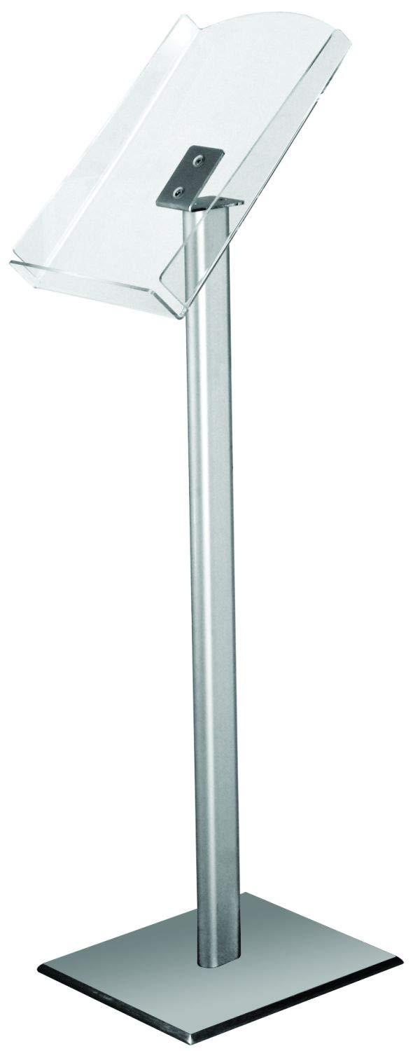 Europel freestanding brochure holder, A4 format, aluminium profile and steel base, 1 brochure tray made of 4 mm transparent acrylic, tray height 112 cm, capacity 80 mm, base 245 x 320 mm.