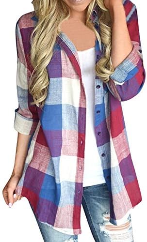 Clearance! Elogoog Women's Classic Plaid Shirt Matching Color Long Sleeve Collared Button Down Loose Casual Blouse
