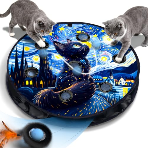 KiwiLove Interactive Cat Toy with Motion Activated Ball & 7-Hole Play Mat, Hide and Seek Exercise Game for Indoor Cats, Automatic Moving Cat Ball in Pouch, Rechargeable Cat Toys(Starry Night)