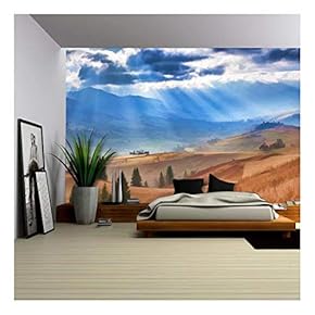 Digital Artwork in Watercolor Painting Style. Beautiful Autumn Landscape in The Mountain Village - Removable Wall Mural | Self-Adhesive Large Wallpaper - 66x96 inches