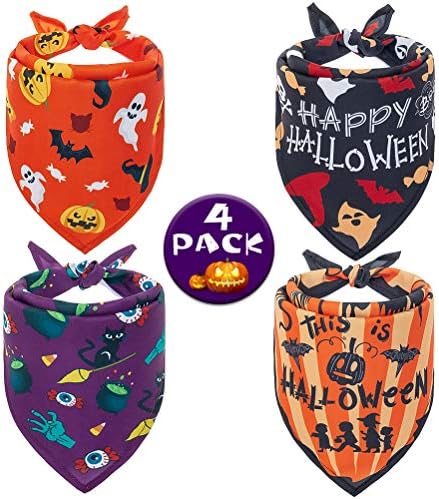 Halloween Dog Bandana – 4 Pack Soft Pumpkin Bat Dog Bandana Triangle Bibs Scarf Accessories, Cute Pet Kerchief Set for Cats and Dogs