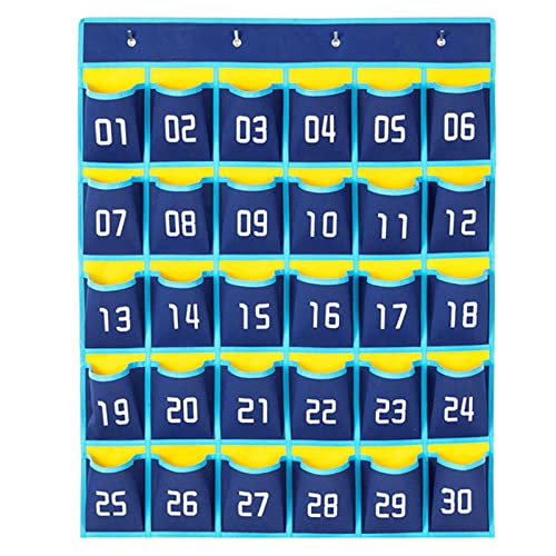 Classroom Numbered Pouch, 30 Hanging Storage Bag for Mobile Phone Calculators Pocket Board with 4 Hooks, Over the Door Phone Organizer (Light Blue)