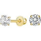 14K Yellow Gold Round Cubic Zirconia Stud Earrings, Classic Solitaire Design with Secure Screw-Back Closure, Versatile Sizes