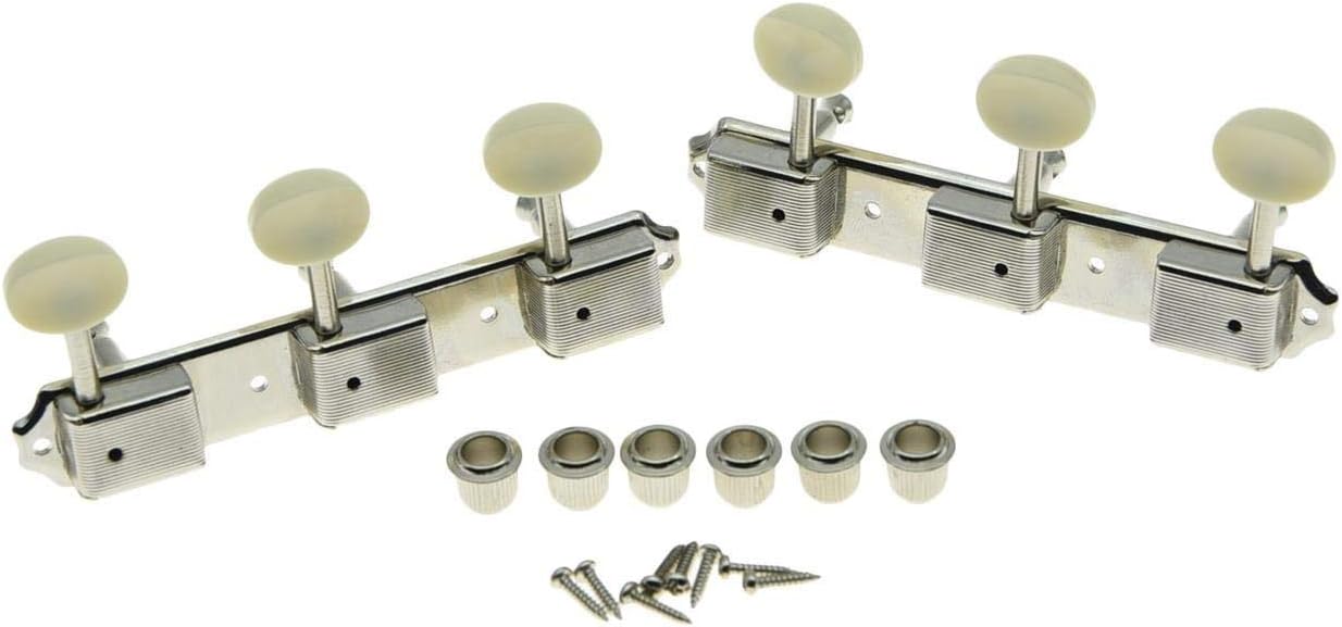 KAISH Nickel w/Aged White 3 per side 3x3 on a Plate Vintage Guitar Tuning Keys Tuners, Nickel with Ivory Button, 3L3R
