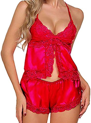 OrchidAmor Women Deep V Bow Tie Down Super Hot Pajamas Stes Plus Size Eyelash Lace Lingerie Bodydoll Lace Pajamas Set