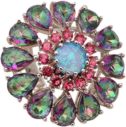 NEROY Huge Flower Ruby Zirconia &amp; Rainbow Topaz &amp; Blue Fire Created Opal Silver Stamped Ring Size 9 Fashion Jewelry OR596A 8.23g
