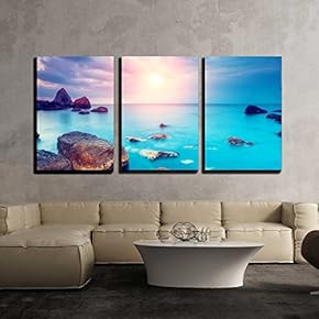 3 Piece Canvas Wall Art - Fantastic Morning Blue Sea Glowing by Sunlight. Dramatic Scene - Modern Home Art Stretched and Framed Ready to Hang - 16"x24"x3 Panels
