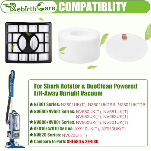 Rebirthcare NZ801UKT AZ910UKT Filter Replacement for Shark Rotator Powered Lift-Away NV801 NV680 NV681 NV620 NV682 NV683 NV800 UV810 AX910 Duoclean Upright Vacuum Filters Parts # XFF680 & XHF680