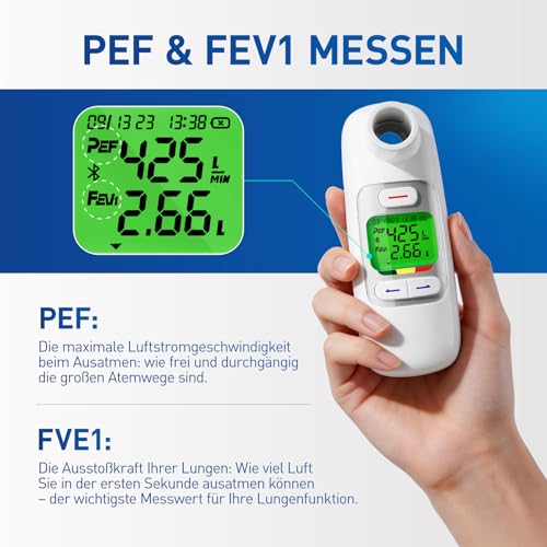Peak Flow Meter with Bluetooth, App Analysis, PEF FEV1 Mssen, Rechargeable | 300 histotic data, 2 mouthpieces, red, yellow, green risk indicator, for asthma COPD, portable, monitoring lung function