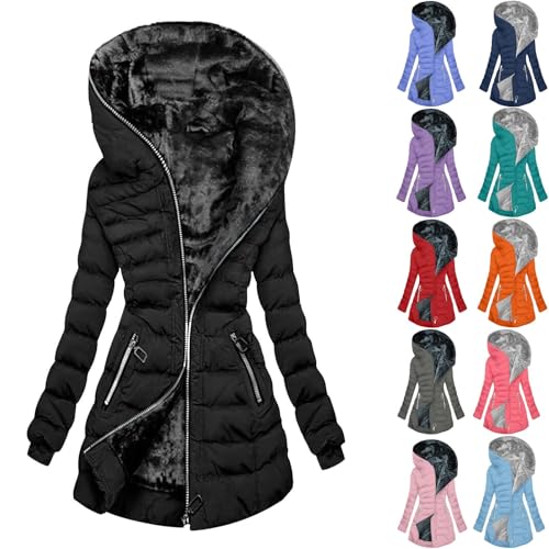Winter Coats for Women UK Quilted Down Longline Puffer Parka Coat Fleece Lined Waterproof Jacket with Fur Hood Autumn Winter Plus Size Trench Coat Warm Outwear Black-1 XL