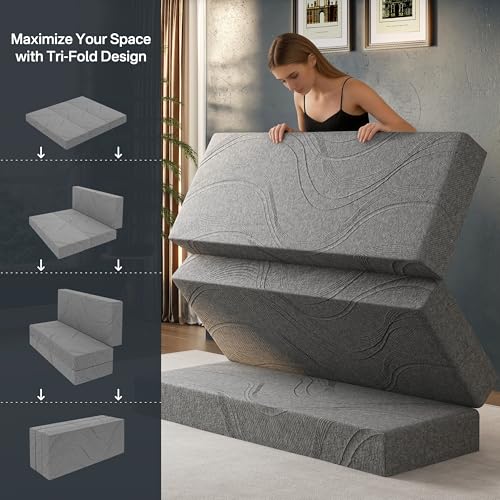 Foldable Mattress Queen, 6 Inch Memory Foam Trifold Mattress Topper | Ideal for Guest, Murphy Bed & Camper, Washable Cover & Non-Slip Base for All Floors, 80" x 60" x 6"