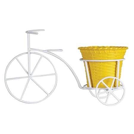 TrustBasket Metal Bicycle with Round Plastic Planter for Small Indoor Plants (Yellow) (TBSSS520)