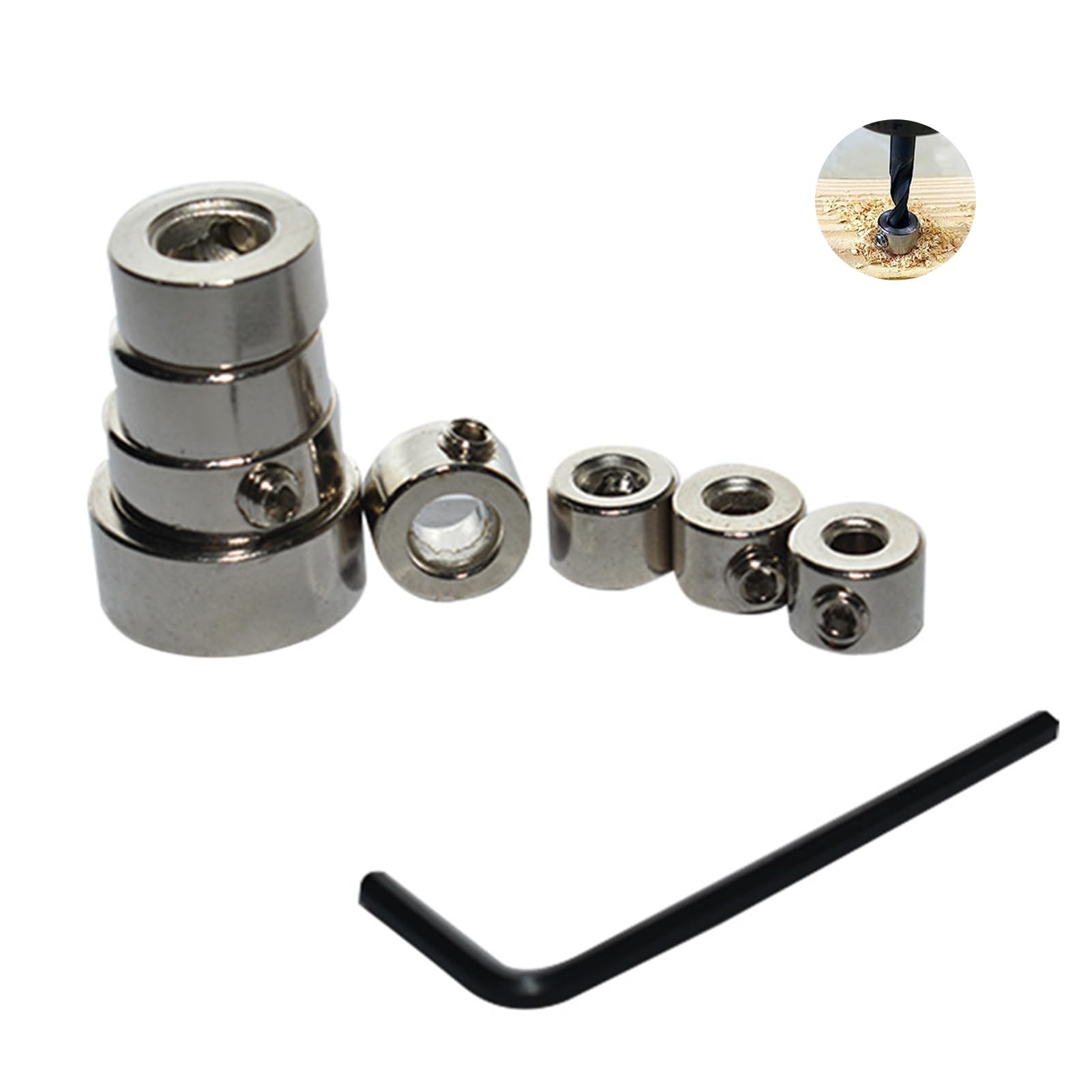 8 PCS Step Drill Bit Depth Stop Collar Ring Positioner Locator, Woodworking Positioning Depth Limiter 3 4 5 6 8 10 12 16mm with Hexagon Wrench Spacing Ring Set for Consistent Drilling (Silver)