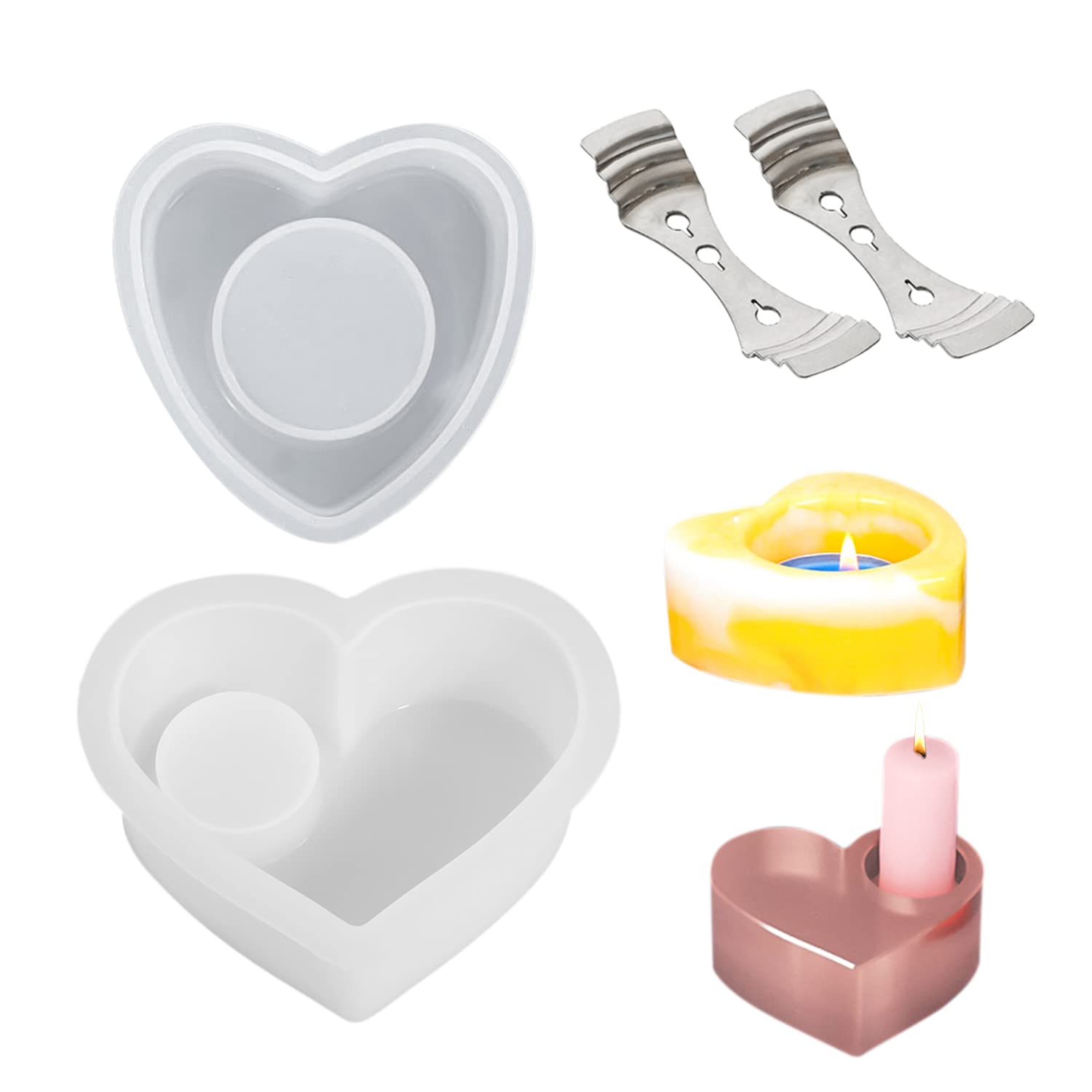 1 Herz-Kerzenständer-Form und 1 Liebes-Herz-Form mit 2 Dochthaltern, Kerzen-Silikonform, wiederverwendbare DIY-Kerzenständer-Form, Heimdekoration