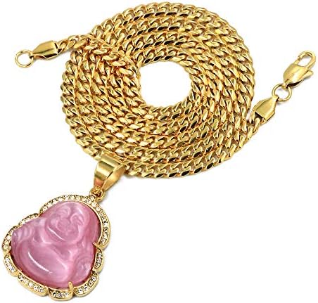 Raonhazae Stainless Steel Gold Iced Smiling Chubby Buddha (Pink Jade) Pendant w/Cuban Chain