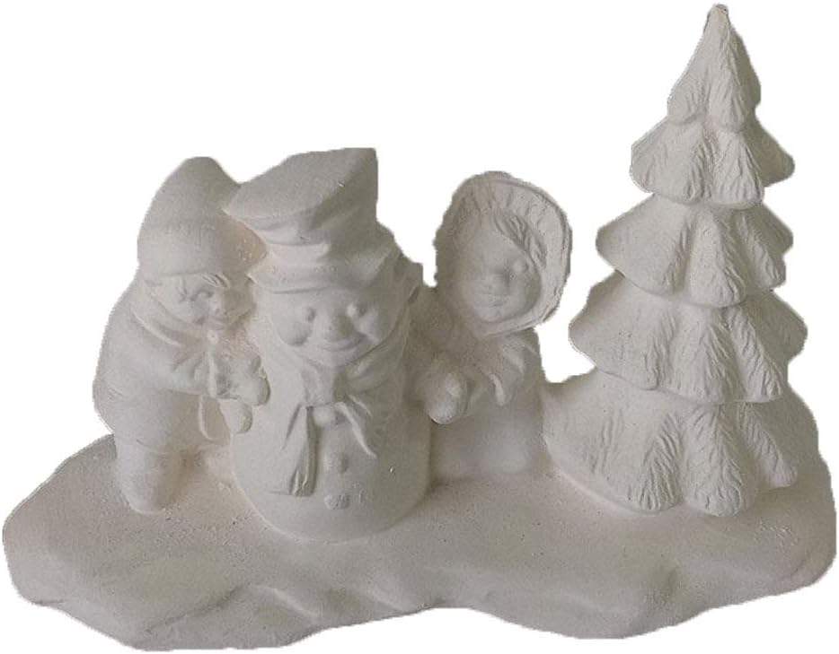 Village People Kids w/Snowman and Tree 5" x 3" x 2 1/2" Ceramic Bisque