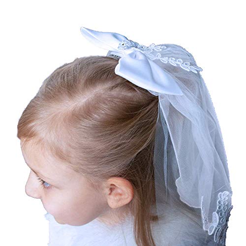 Girls First Communion Veils | Confirmation Christening Veils | Floral and Bright Headpieces | Catholic Children Veils | Christian Apparel (Large Bow)