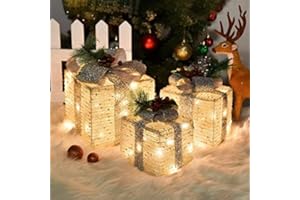 COVFEVER Christmas Lighted Gift Boxes, Pre-lit Lights Gold Linen Cloth Gift Boxes, Light up Present Boxes Set Battery Operated with Different Sizes for Holiday Indoor Outdoor Decorations