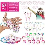 Qfun Unicorn Birthday Party Favors Supplies Set - 67 Pieces Unicorn Bracelets Rings Keychain Masks Necklace and Hairpin, NON-TOXIC PVC Quality Soft Rubber Unicorn Toy, Gifts for Children Goody Bag Toy