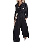 CHICME Dazzle Turn-Down Collar Long Sleeve Casual Jumpsuit for Women with Waist Belted Detail Elegant Wide Leg Romper