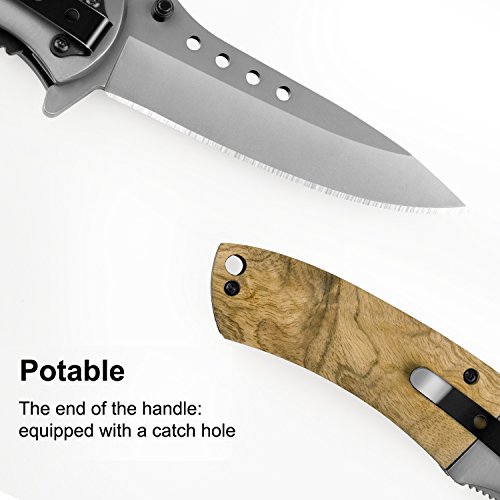 Naturous Folding Pocket Knife, Titanium Gray Outdoor Tactical Knife, Natural Wooden Handle with Nylon Sheath Survival Knife, Liner Lock Hunting Knife - Thumbnail 2