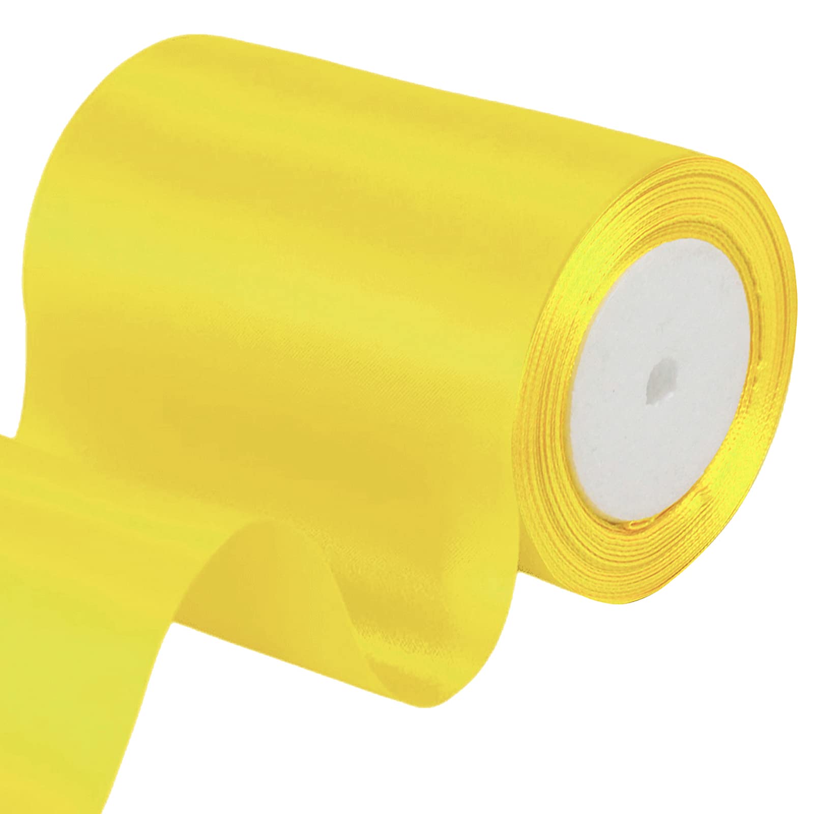 POPOYU 4 Inch Wide Lemon Yellow Ribbon 22m,10cm Lemon Yellow Satin Ribbon Fabric Large Solid Satin Ribbon,Polyester Ribbon for Easter Gift Wapping,Door,Chair,Window,Wedding Car Decoration