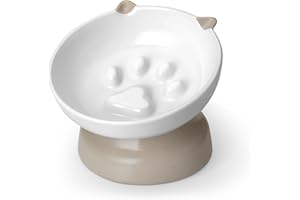 vancasso Ceramic Elevated Slow Feeder Cat Bowls,Slow Feeder Elevated Cat Bowl Wet Food, Raised Cats Bowl for Indoor Cats (Grey)