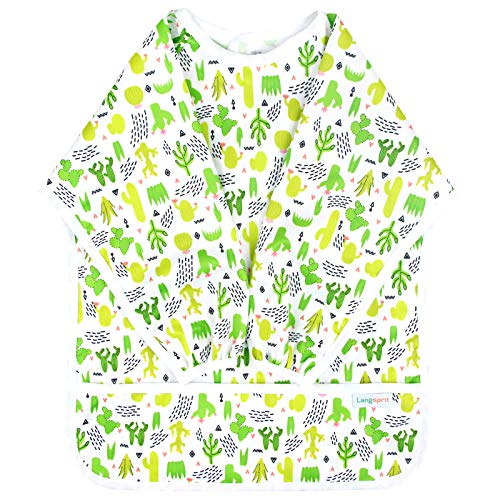Langsprit Baby Bib with Sleeves-Waterproof Infant/Toddler Bib with Pocket(6-24 Months),Cactus
