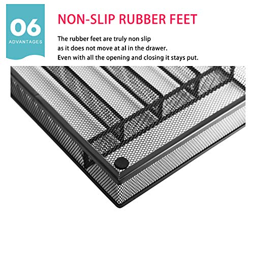 IRSHOME Solid Utensil Drawer Organizer, Cutlery Tray, Silverware/Flatware Storage Divider for Kitchen, Mesh Designing with Non-slip Foam Feet, 5 Component, Black- 1 Pack