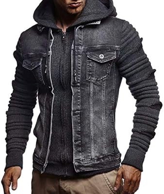 denim jacket with knit sleeves and hood