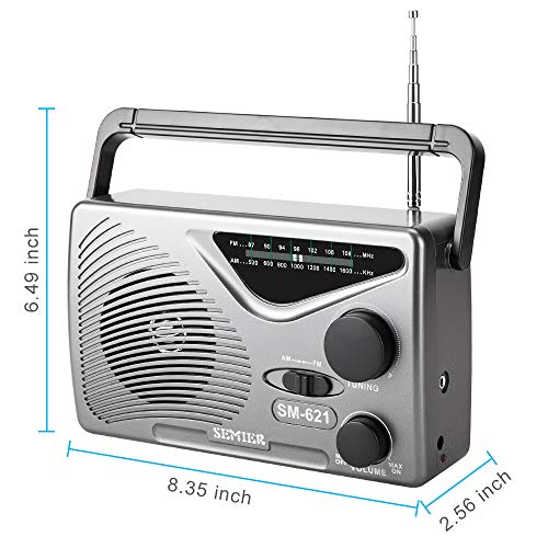 SEMIER AM/FM Portable Radio, Best Reception Compact Transistor Radios AC Power Operated or Operated by Dry Battery (D Cell Batteries x 2pcs, Battery not Included) -Grey