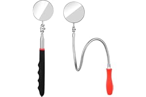 JEBOUSIKE 2 Pcs Inspection Mirror, Mechanics Mirror Tool with Long Handle, Round Extendable Mirror on a Stick & 360 Rotation Bendable Circular Mirror for Technicians Mechanics Contractors Checking Observation