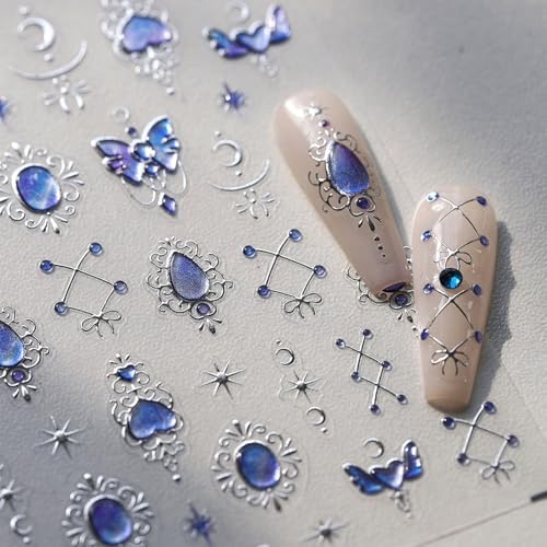 JMEOWIO 3D Embossed Blue Moon Star Nail Art Stickers Decals Self-Adhesive 5D Nail Supplies Nail Art Design Decoration Accessories 1 Sheets
