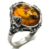 Amber and Sterling Silver Leaves Oval Ring