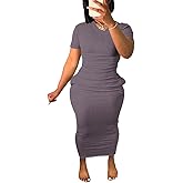 Women's Casual Short Sleeve Dress T Shirt Bodycon Dresses Ribbed V Neck Maxi Sundress Basic Party Club Dress with Pocket-Purple-L