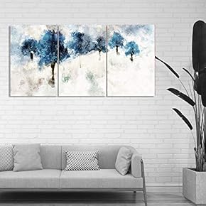 3 Plane Canvas Wall Art - Blue Ink Painting Landscape Prints for Living Room - Modern Home Art Stretched and Framed Ready to Hang - 16"x24" x 3 Panels