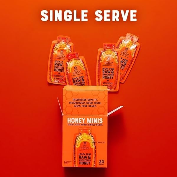 NATE’S HONEY MINIS – SINGLE-SERVE 100% PURE, RAW & UNFILTERED HONEY – 0.49OZ PACKETS, 20CT BOX