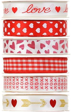 Valentine Heart Ribbon Bundle of 6, 3 Yard Spools (5/8 inches wide)