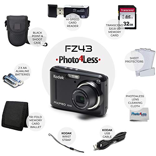 Kodak PIXPRO Friendly Zoom FZ43 16 MP Digital Camera with 4X Optical Zoom and 2.7 LCD Screen (Black) + Black Point & Shoot Case + Transcend 32GB UHS-I U1 SD Memory Card & More!