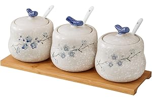 YMYL Set of 3 Decorative Ceramic Condiment Jars, 13.5oz Porcelain Spice Containers Seasoning Pots Sugar Bowls with Ceramic Serving Spoons, Lids and Wooden Tray for Home Kitchen Counter