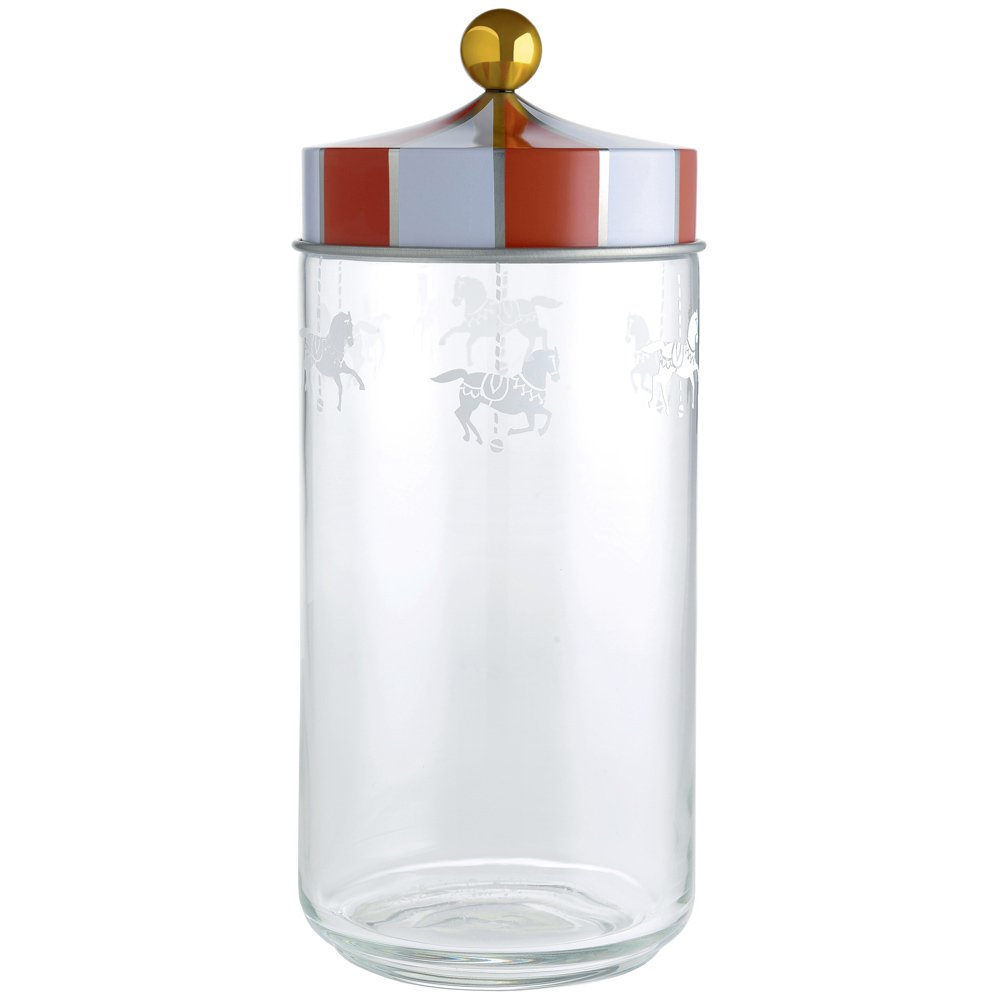 Alessi MW30/150 Jar in Silk-Screen Glass with Hermetic Lid in Tinplate, Multi-Colour, 10.5 x 10.5 x 12 cm
