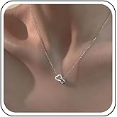 Xduargs Boho Interlocking Heart Necklace Vintage Double Heart Pendant Necklace Shiny Crystal Love Heart Necklace Choker Silver Floating Open Heart Necklace Chain Jewelry for Women