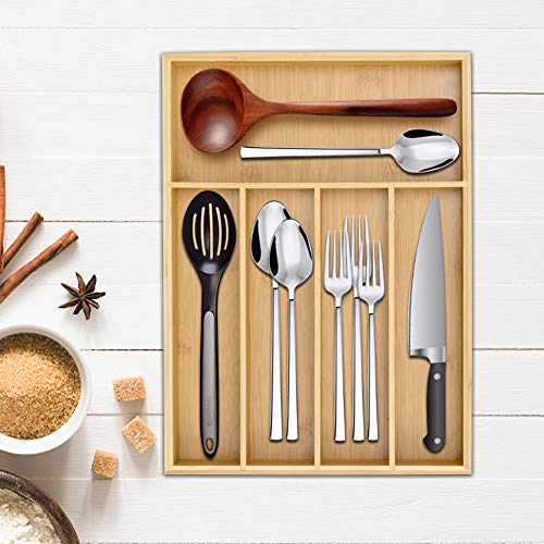 LONTAI Bamboo Kitchen Drawer Organizer Utensil and Cutlery Tray with 5 Compartments Drawer Dividers for Flatware and Kitchen Utensils - Thumbnail 2