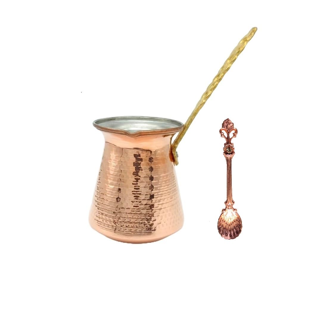LEO Design Turkish Coffee Pot 5 Sizes, Coffee Maker Greek Arabic Coffee Stovetop Thick 3mm Solid Hammered Handmade Engraved Copper Cezve Ibrik Briki with Long Brass Handle for 2-8 Cup (5 Cup / 380ml)